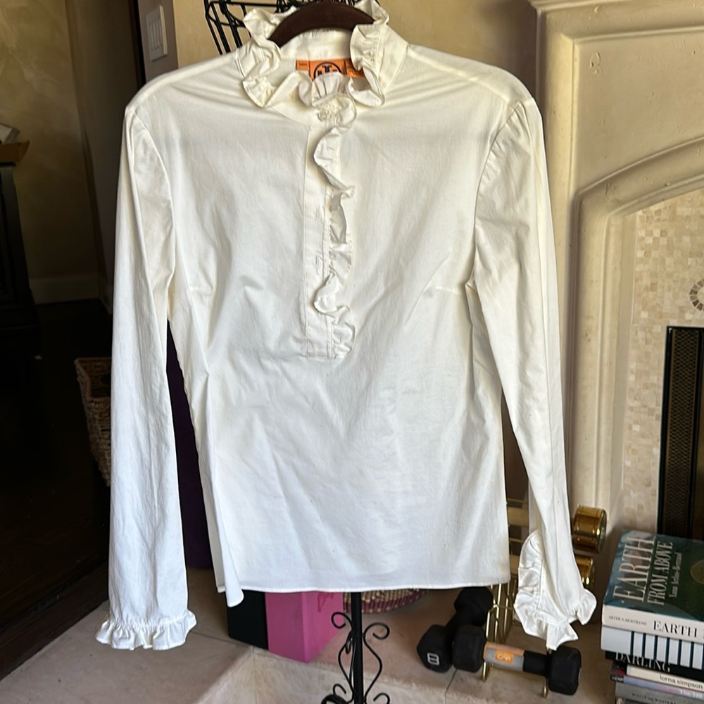 Tory Burch white longsleeves buttons ruffle detail blouse women's size 6